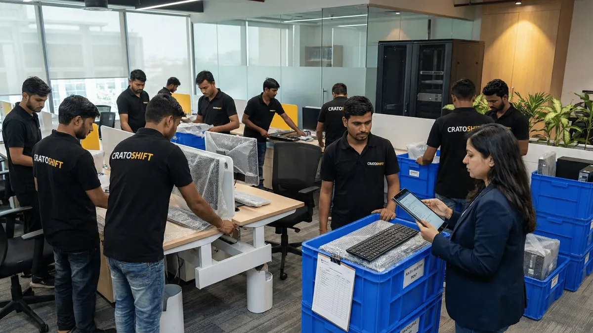 CratoShift team handling office furniture during a corporate relocation